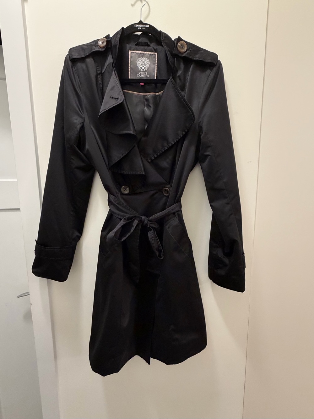 Vince Camuto Black Double-Breasted Trench Coat with Tie Belt